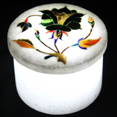 Round White Marble Trinket Box with Floral Inlay Design